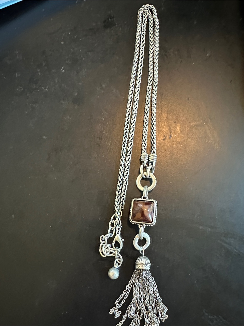 Silver Tassel Pendant Necklace with Brown Stone Accent